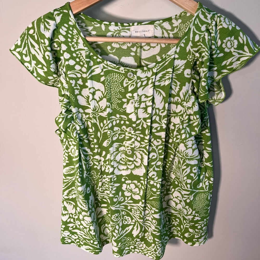 Melloday Green White Floral Ruffle‎ Pintuck Blouse CET214007-TM Mens Medium